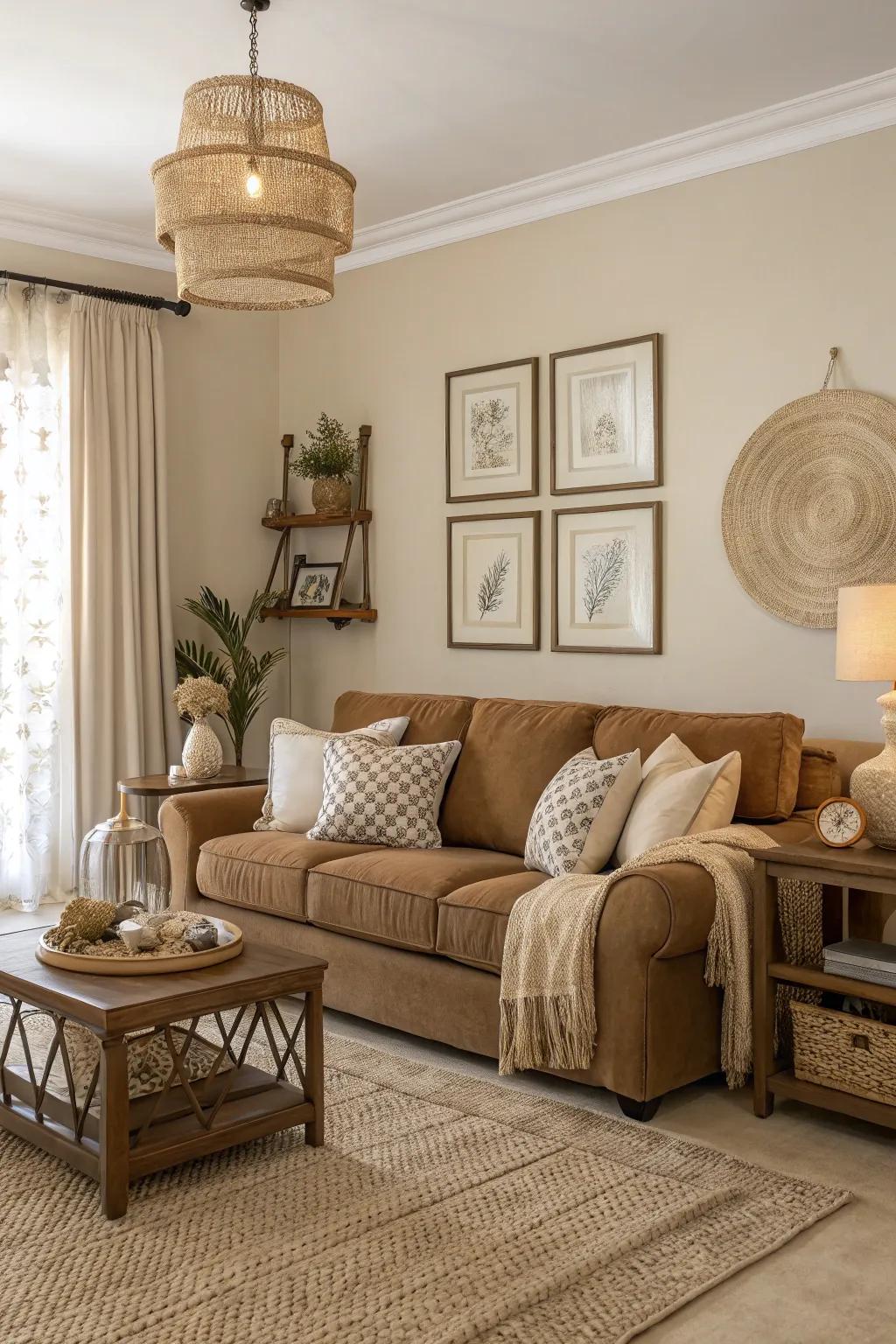 Neutral shades enrich the deep chocolate hue, fostering a calm setting.