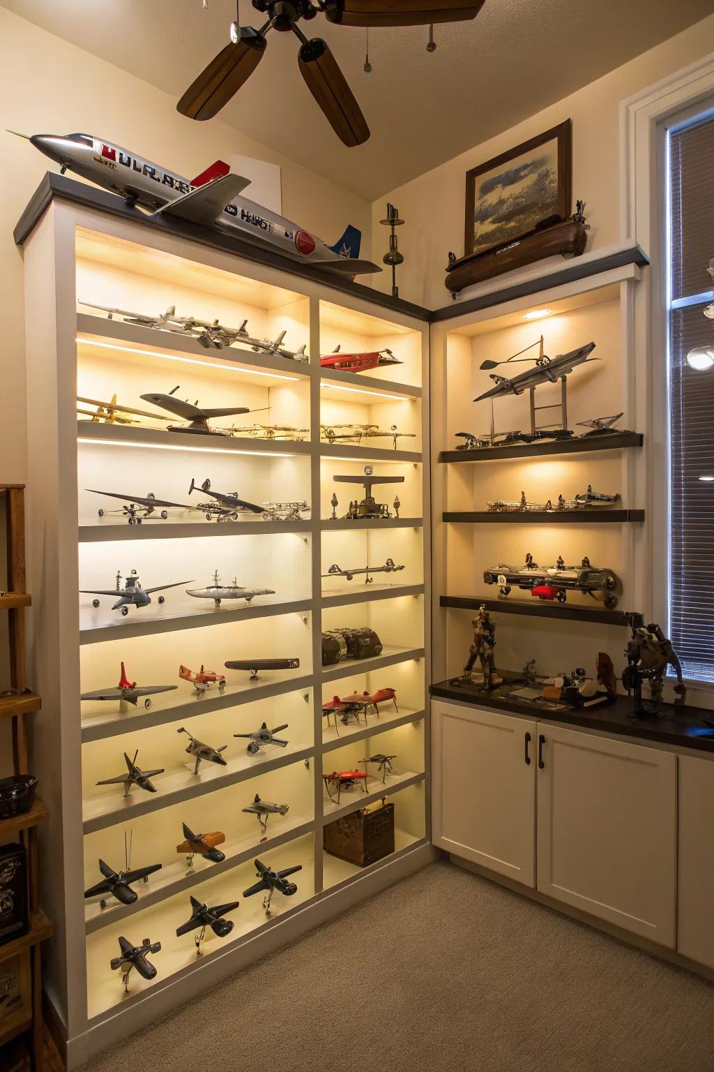 Multi-tiered shelves provide a dynamic method to exhibit your model airplanes.