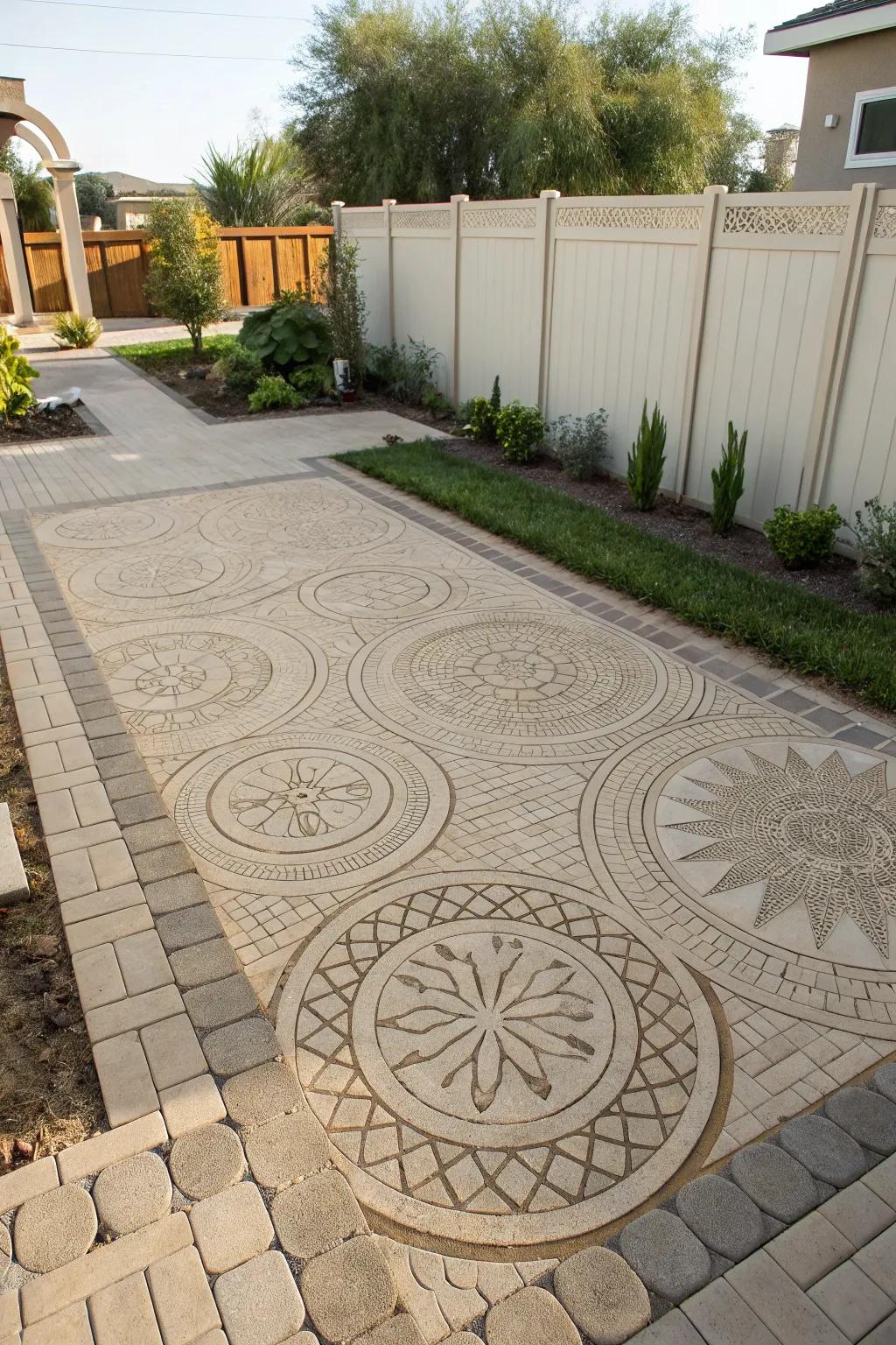 A stone paved retreat showcasing elaborate patterns in a grass-free backyard.