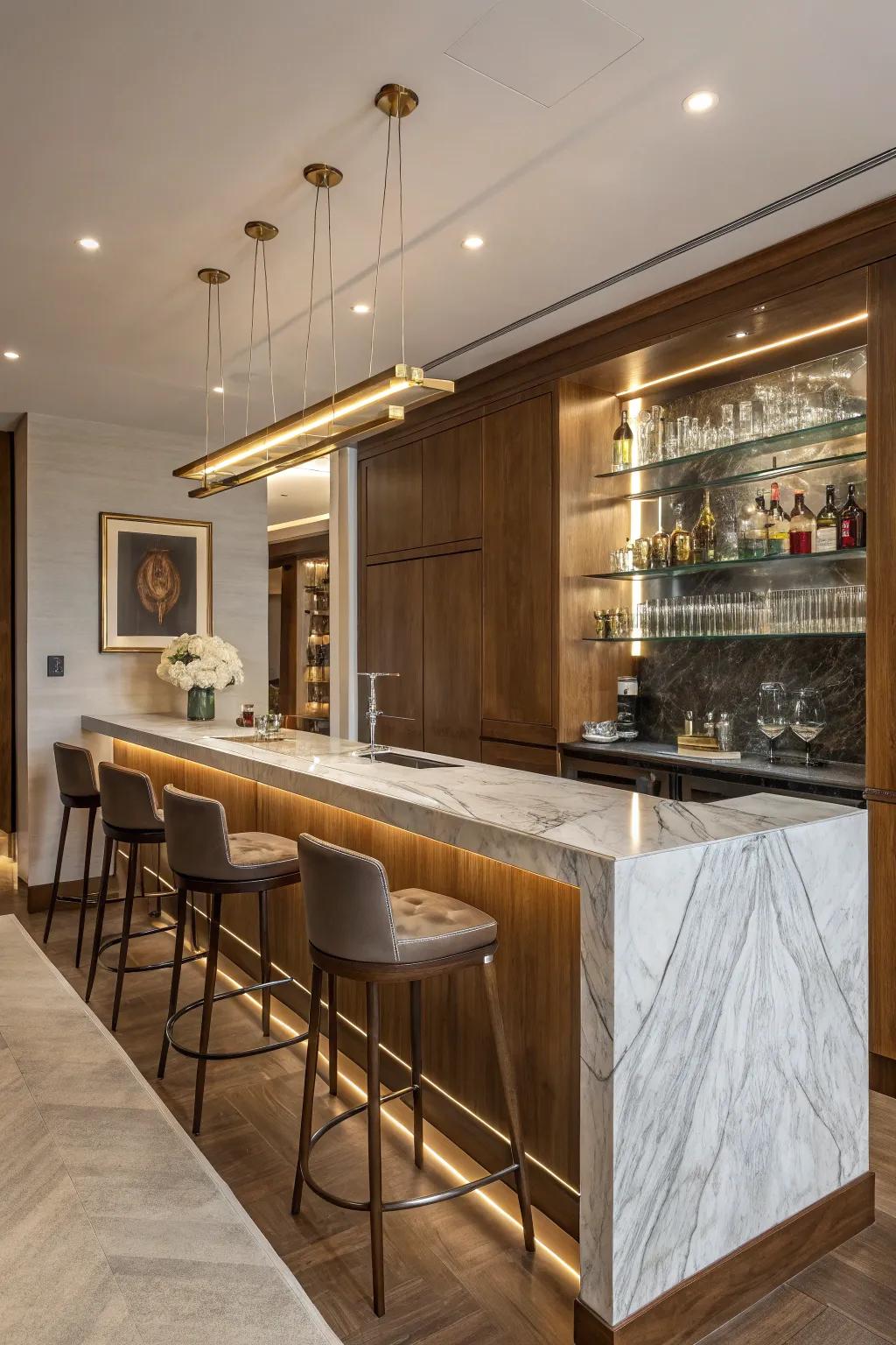 An opulent home bar featuring high-end materials.