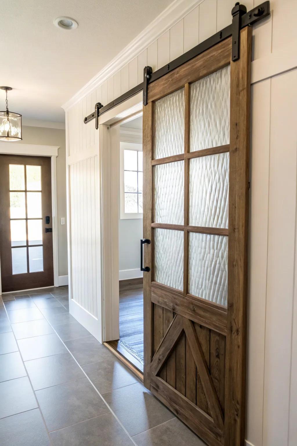 Barn doors with glass panels stylishly brighten up darker areas.