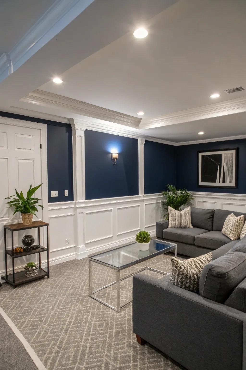 In a contemporary basement, dark blue adds depth and elegance.