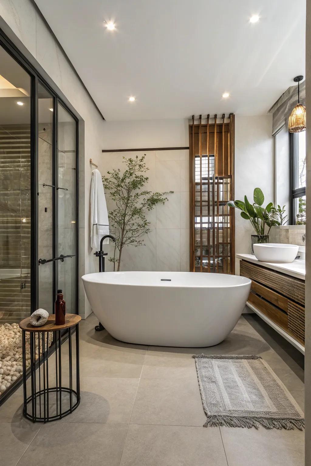 A solo bathtub acts as the focal point in this modern bathroom.