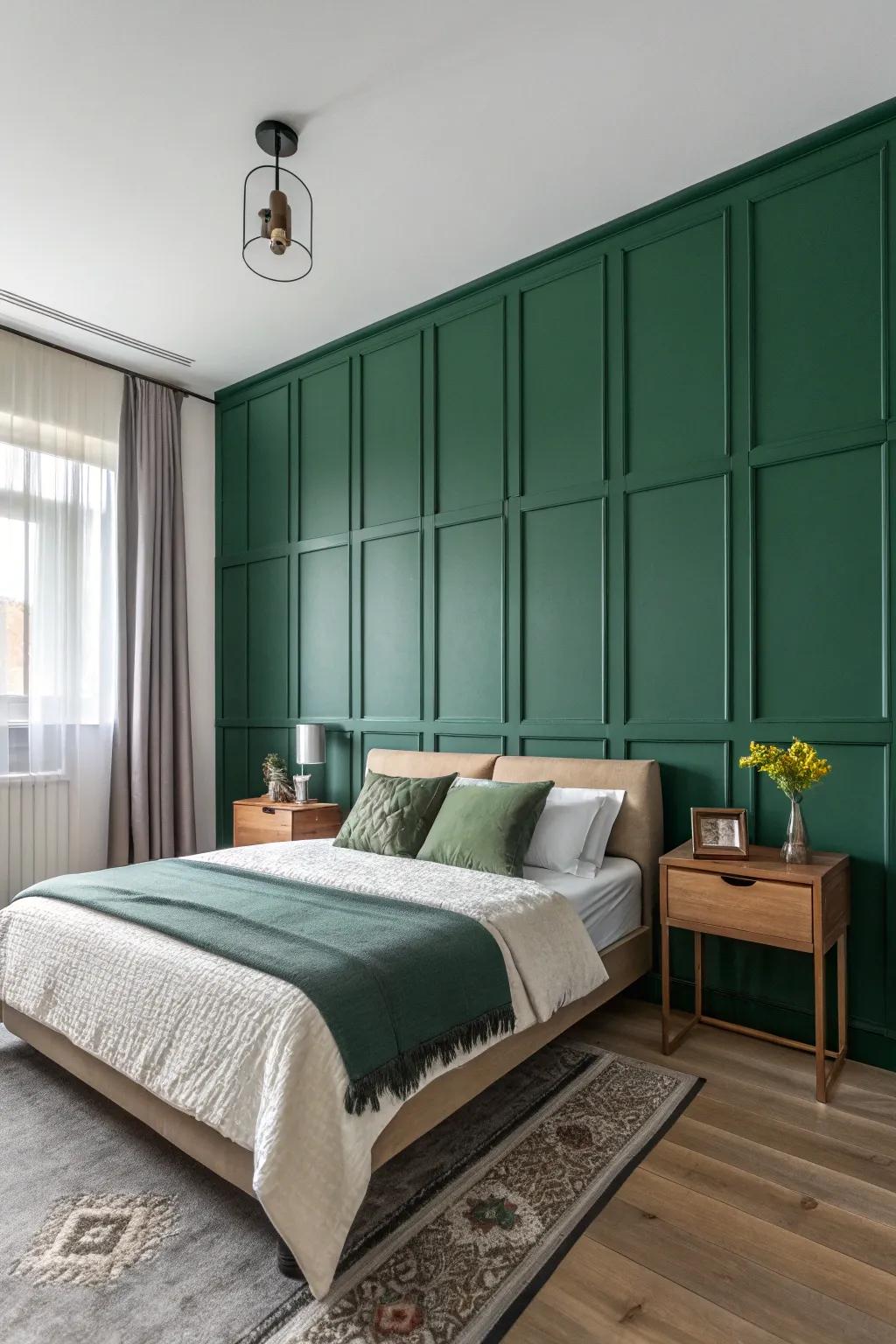 Panels with striking color accents in deep green establish a captivating centerpiece.