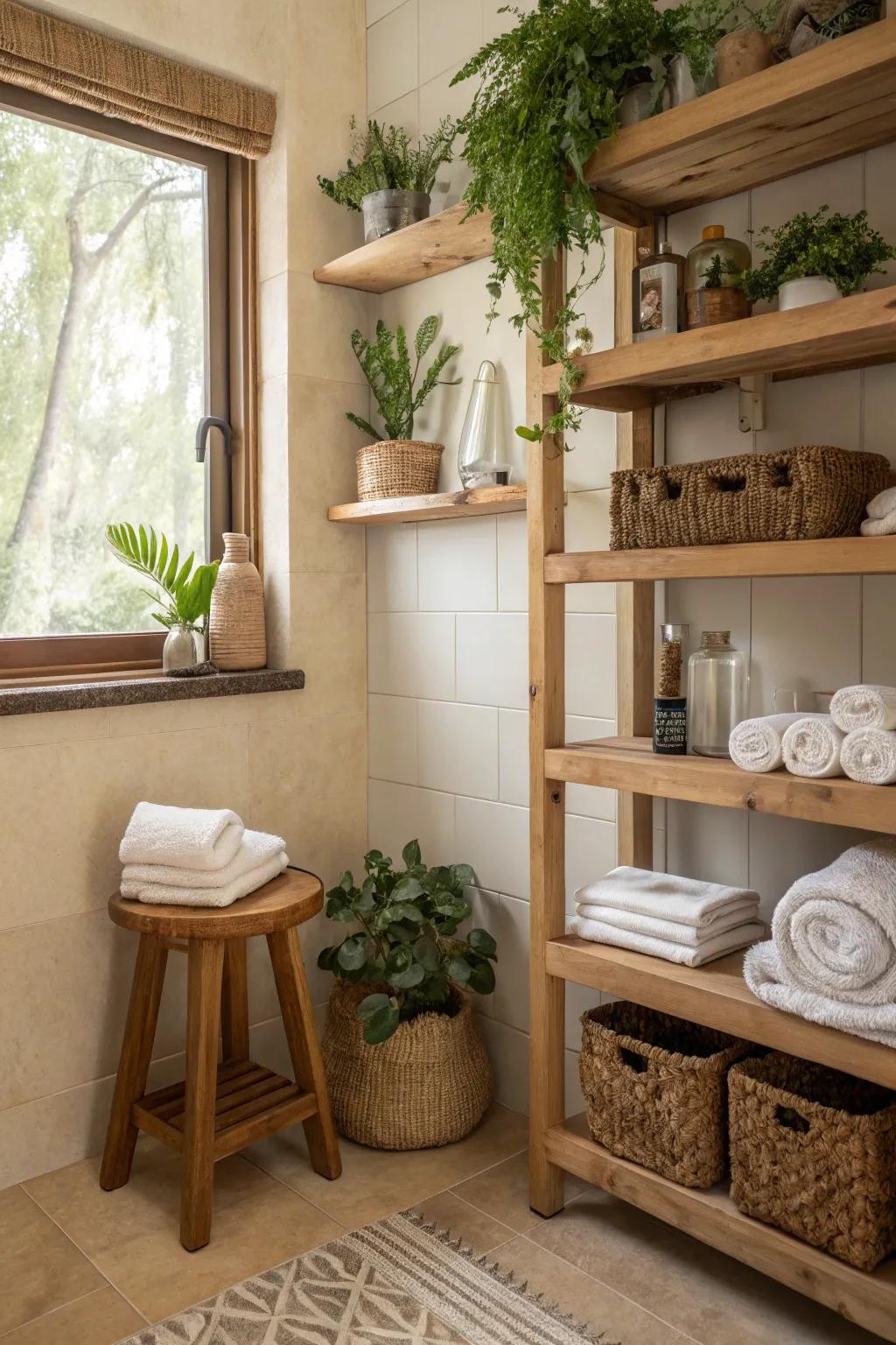 Wood highlights add warmth to a modern beige bathroom.