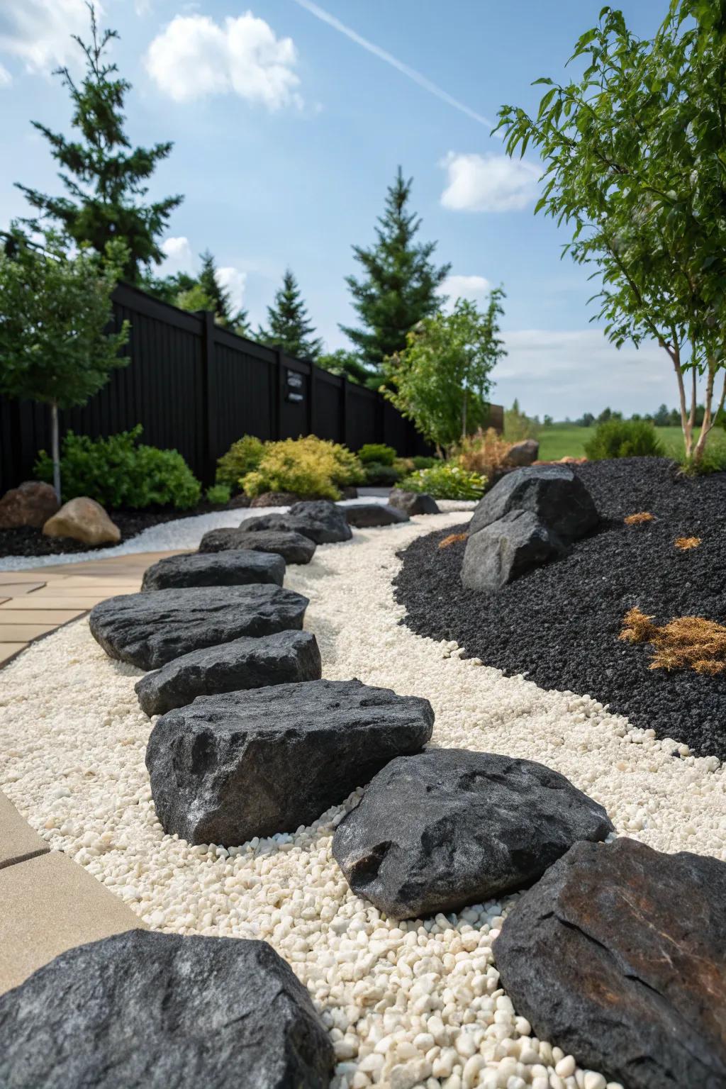 Dark stones combined with light aggregate for a modern contrast.
