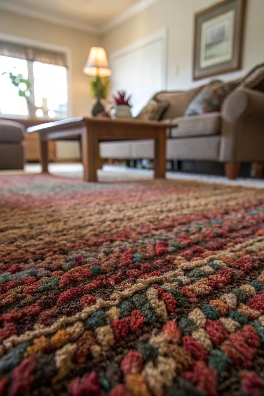 Close-up of a textured carpet, bringing warmth to a cozy living room.