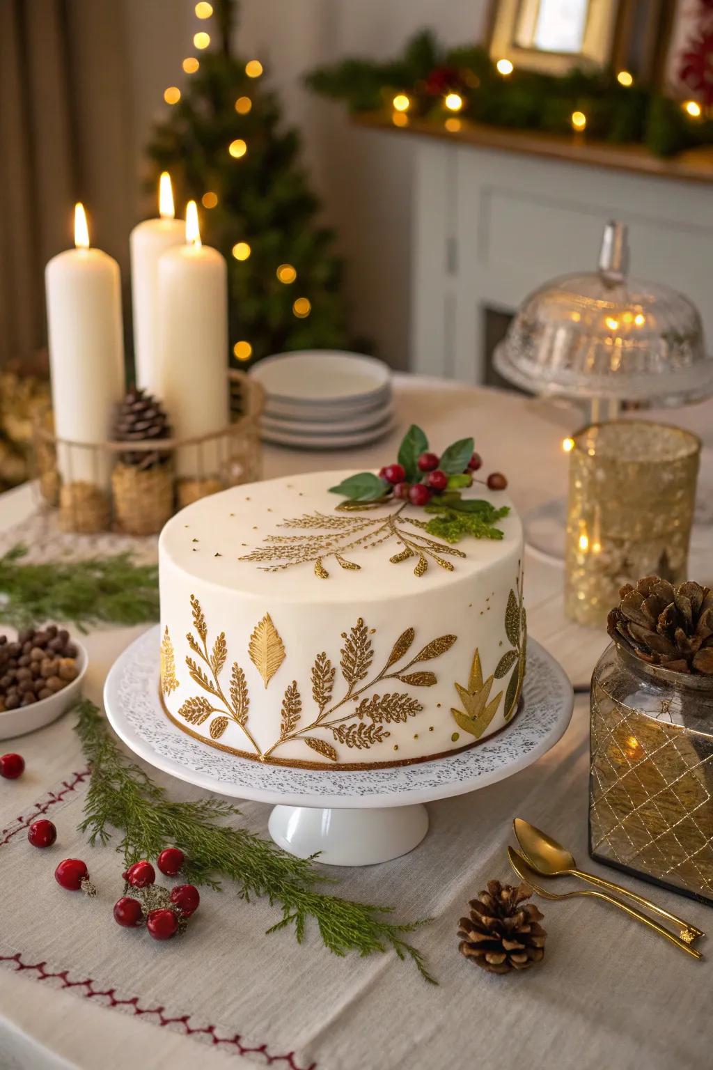 Christmas cake featuring sophisticated gold accents