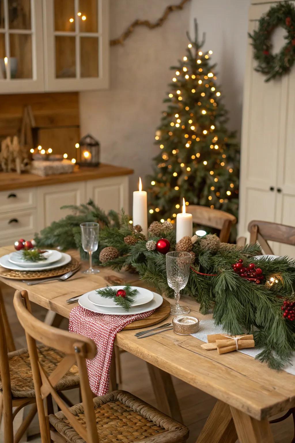 A Christmas table display embellished with organic fir sprigs and decorative ropes.