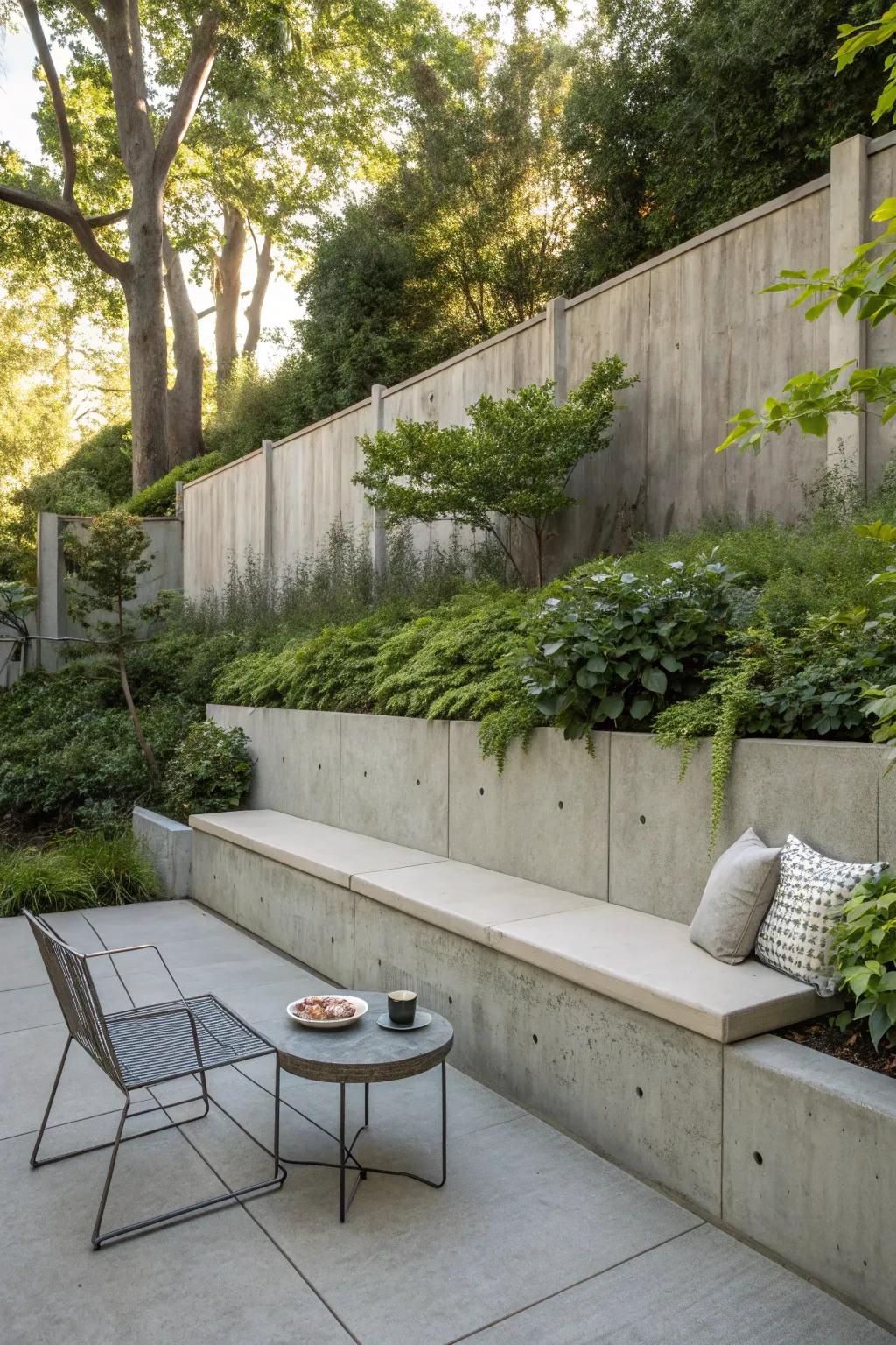 Concrete wall featuring integrated seating, perfect for relaxation.