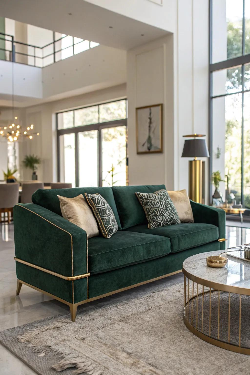 A deep green velvet couch enhances the elegance and allure of your living space.