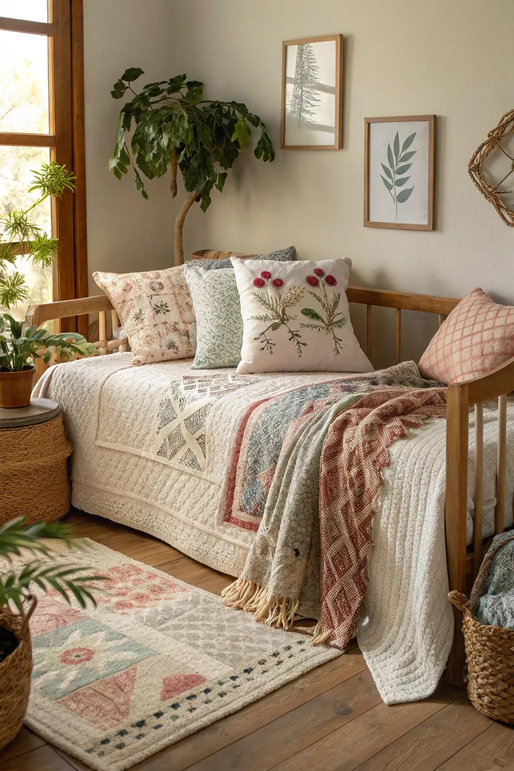 Layered textures on a daybed fashion a welcoming and snug environment.