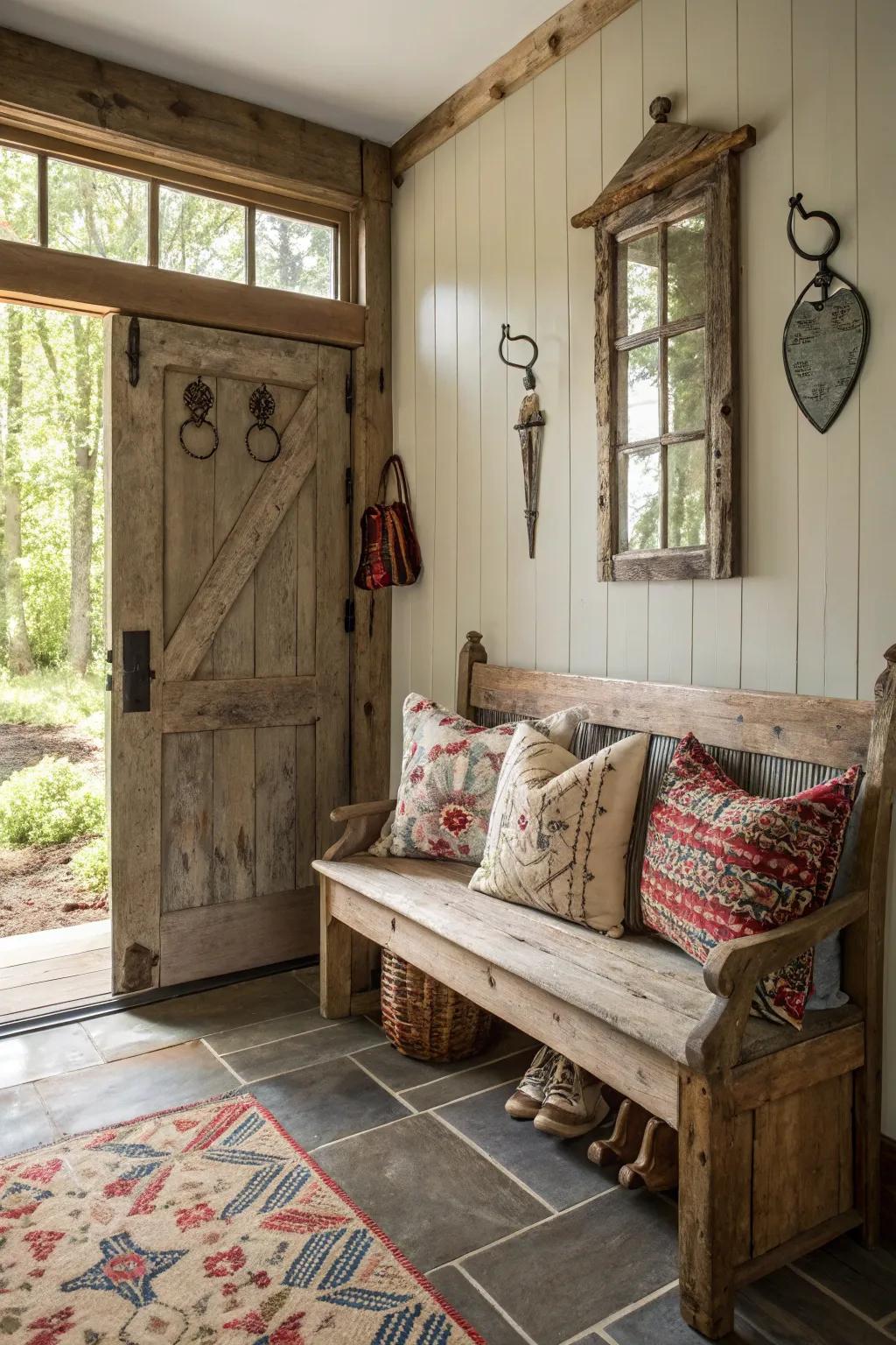 A salvaged lumber seat provides charm and comfort.