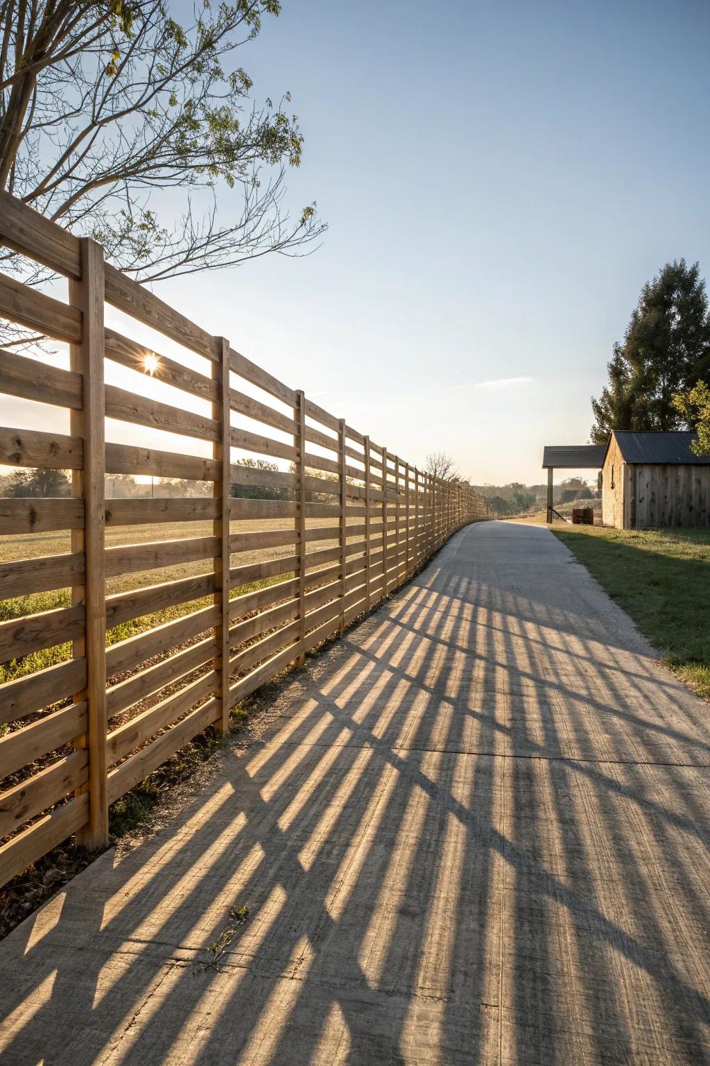 Modern horizontal planks craft a sophisticated and inviting modern farmhouse fence.