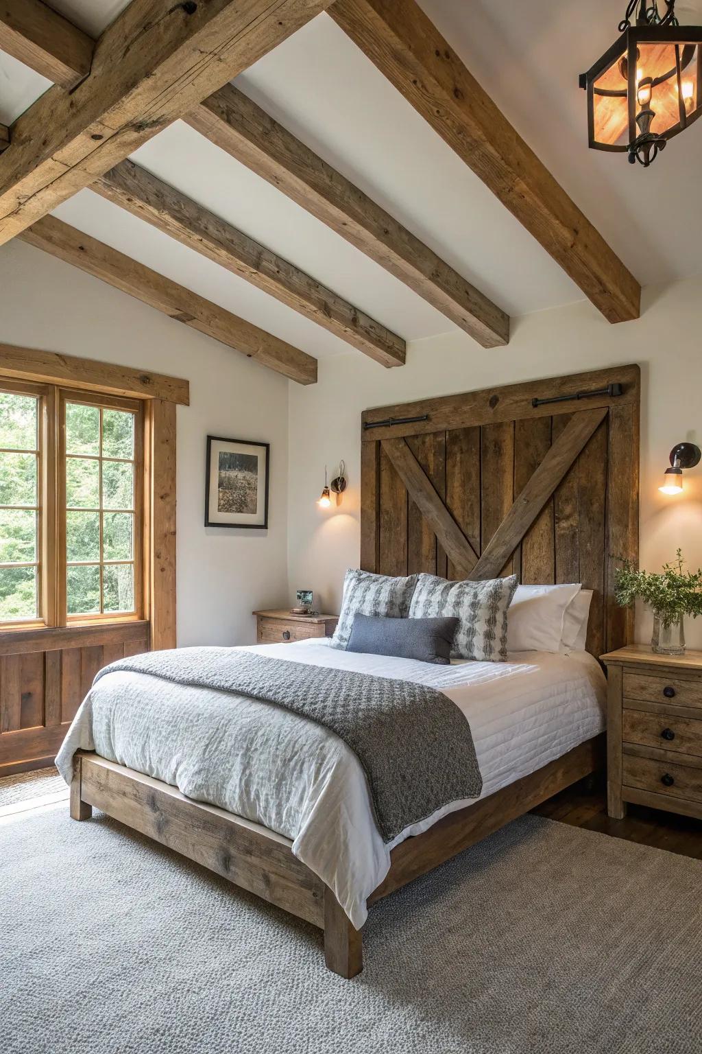 Natural wood elements enhance the farmhouse charm of this guest bedroom.
