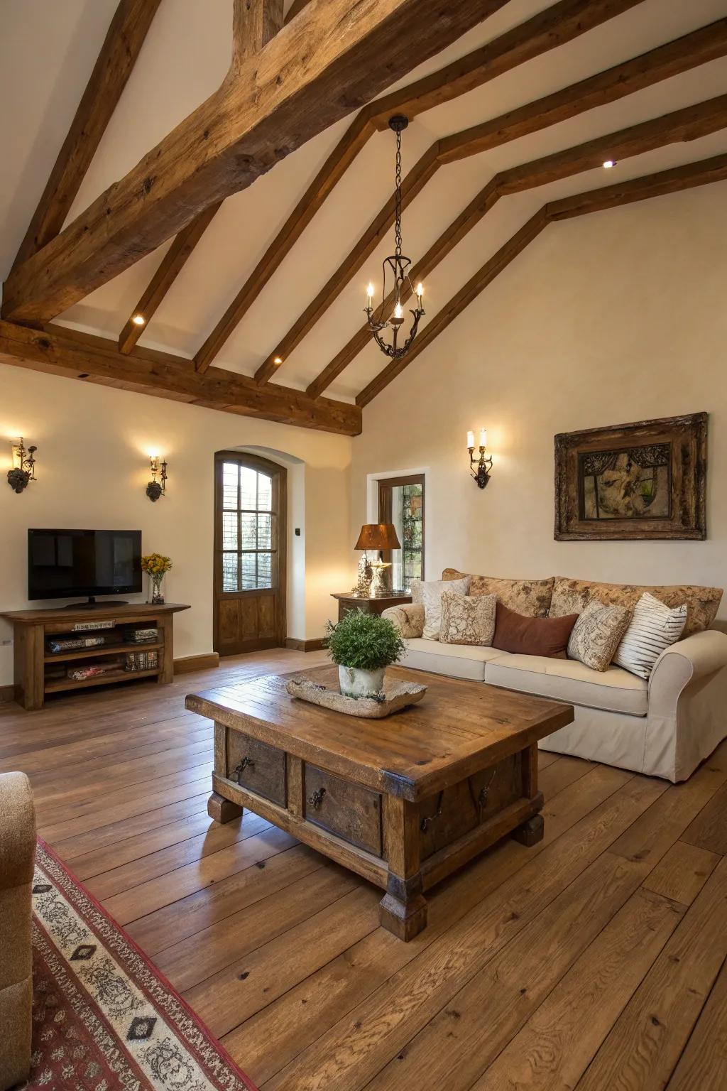 Natural wood elements contribute warmth and allure to this modern farmhouse area.