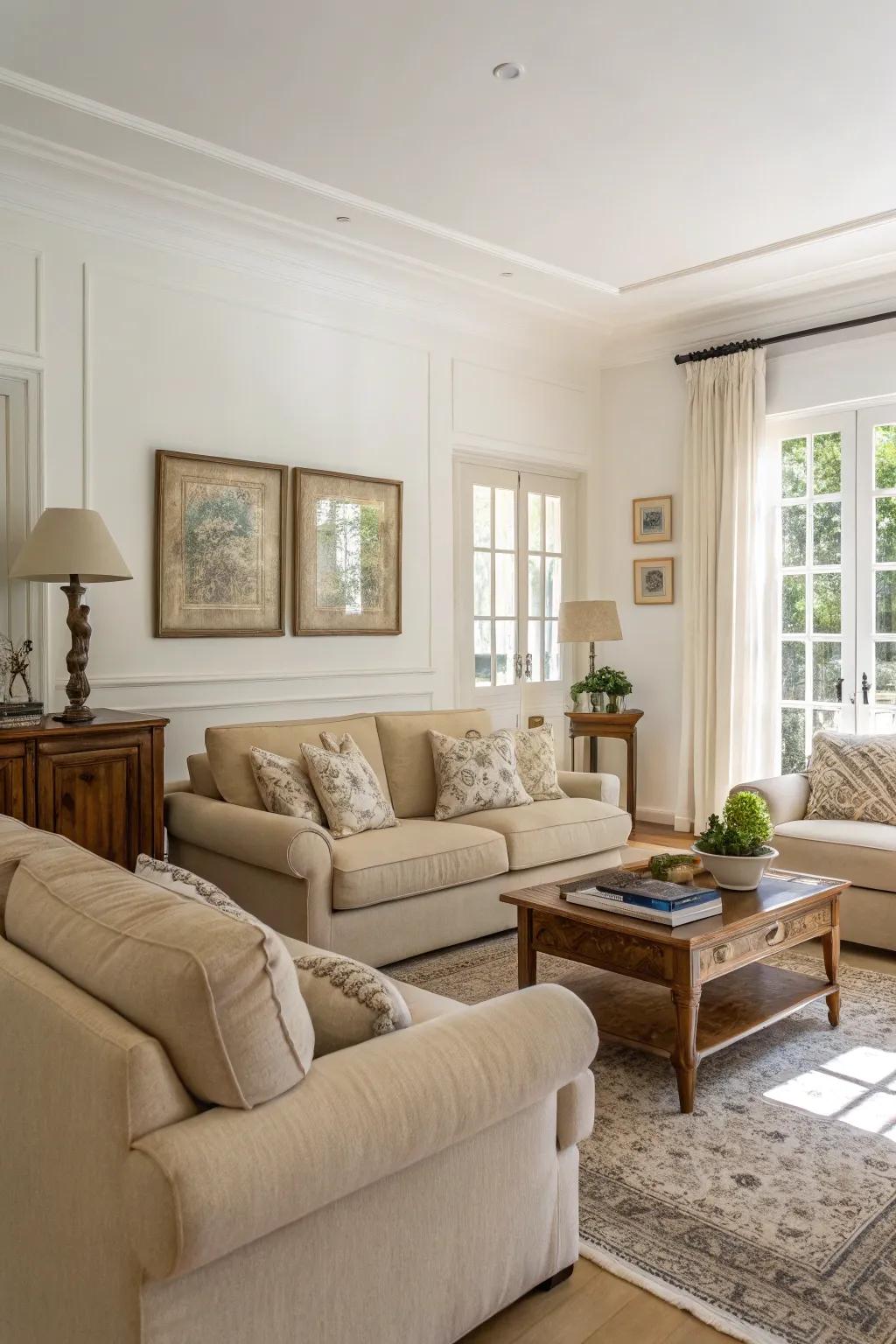 Neutral tones establish a serene and inviting atmosphere in the modern farmhouse living room.
