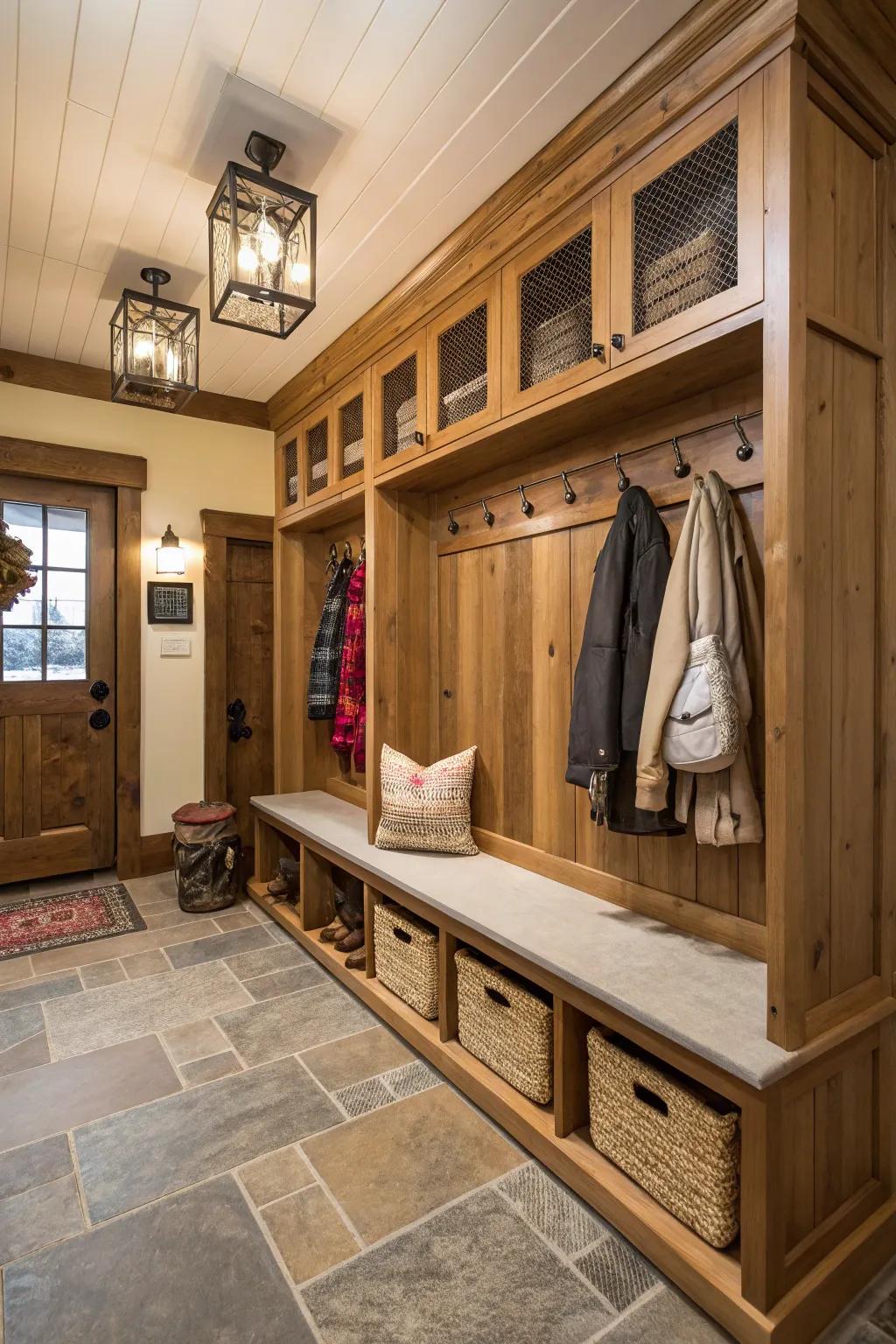 Functional mudroom with built-in benches and storage.