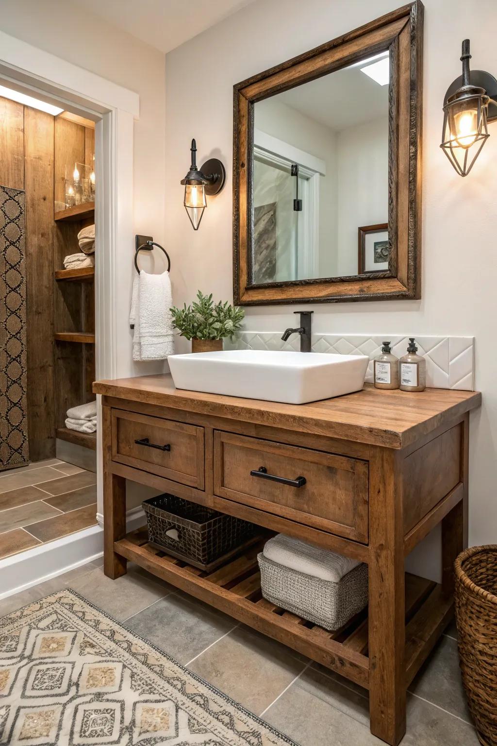 A recycled wood-tone vanity in a modern farmhouse powder room.