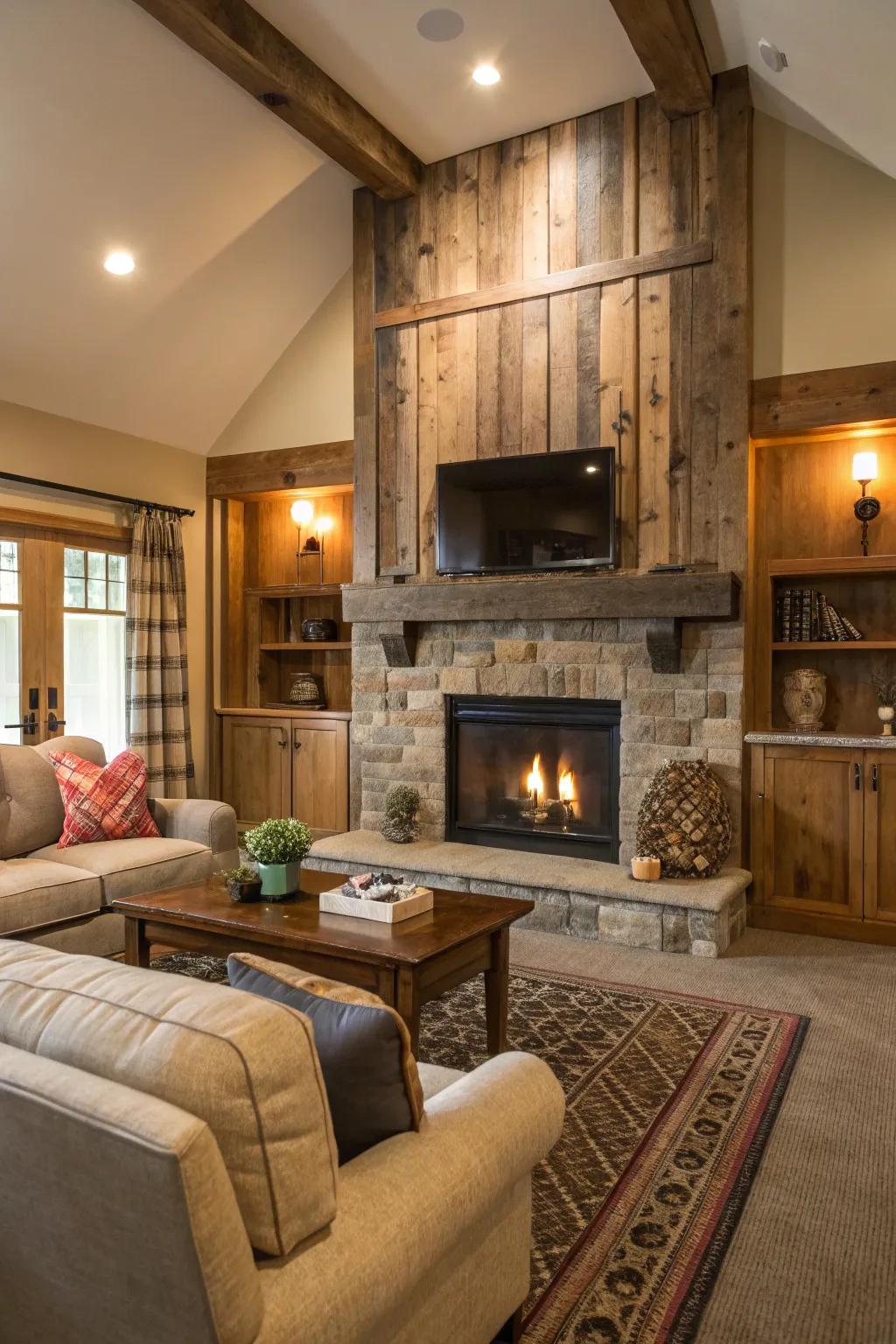 Salvaged wood panels provide an inviting and rustic charm.