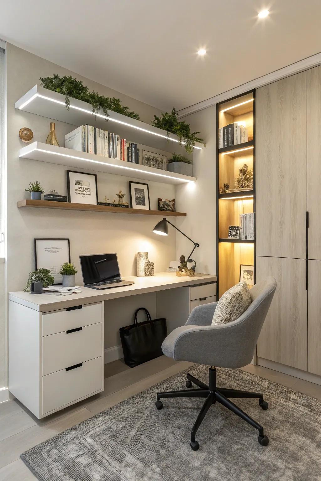 A functional workspace integrated seamlessly into a flex room.