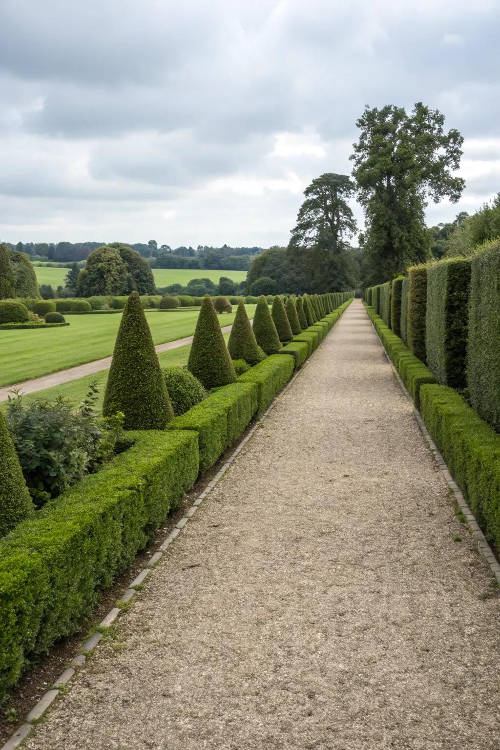 Straight, uncluttered walkways guide visitors through the garden while maintaining a formal charm.