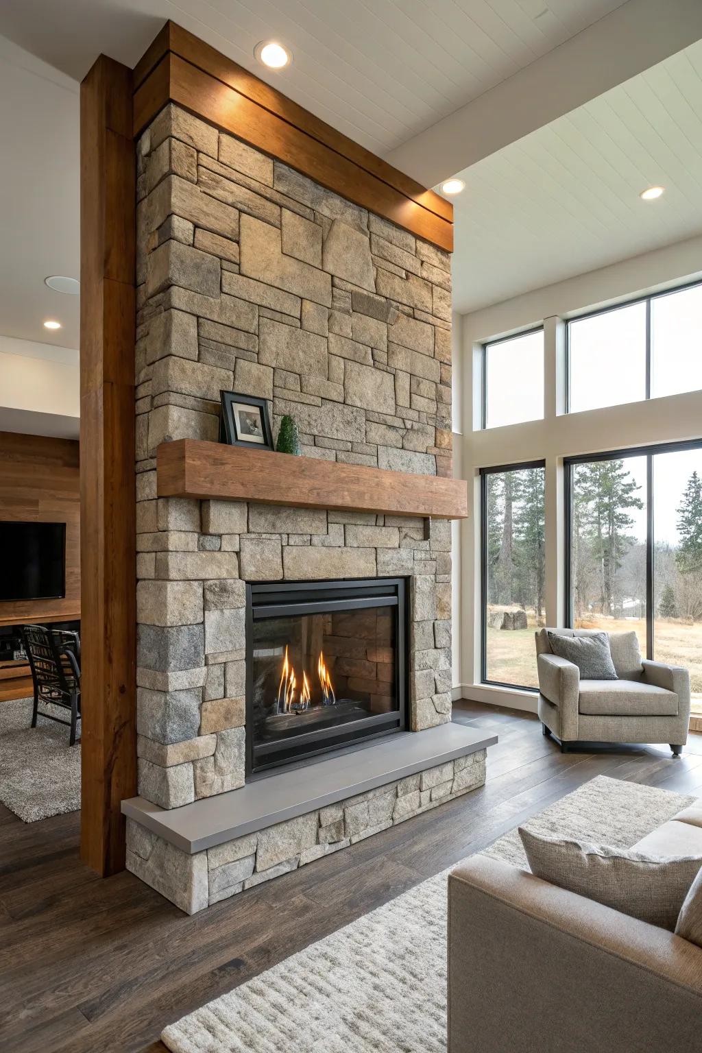 A gas fireplace featuring mixed materials for added texture.