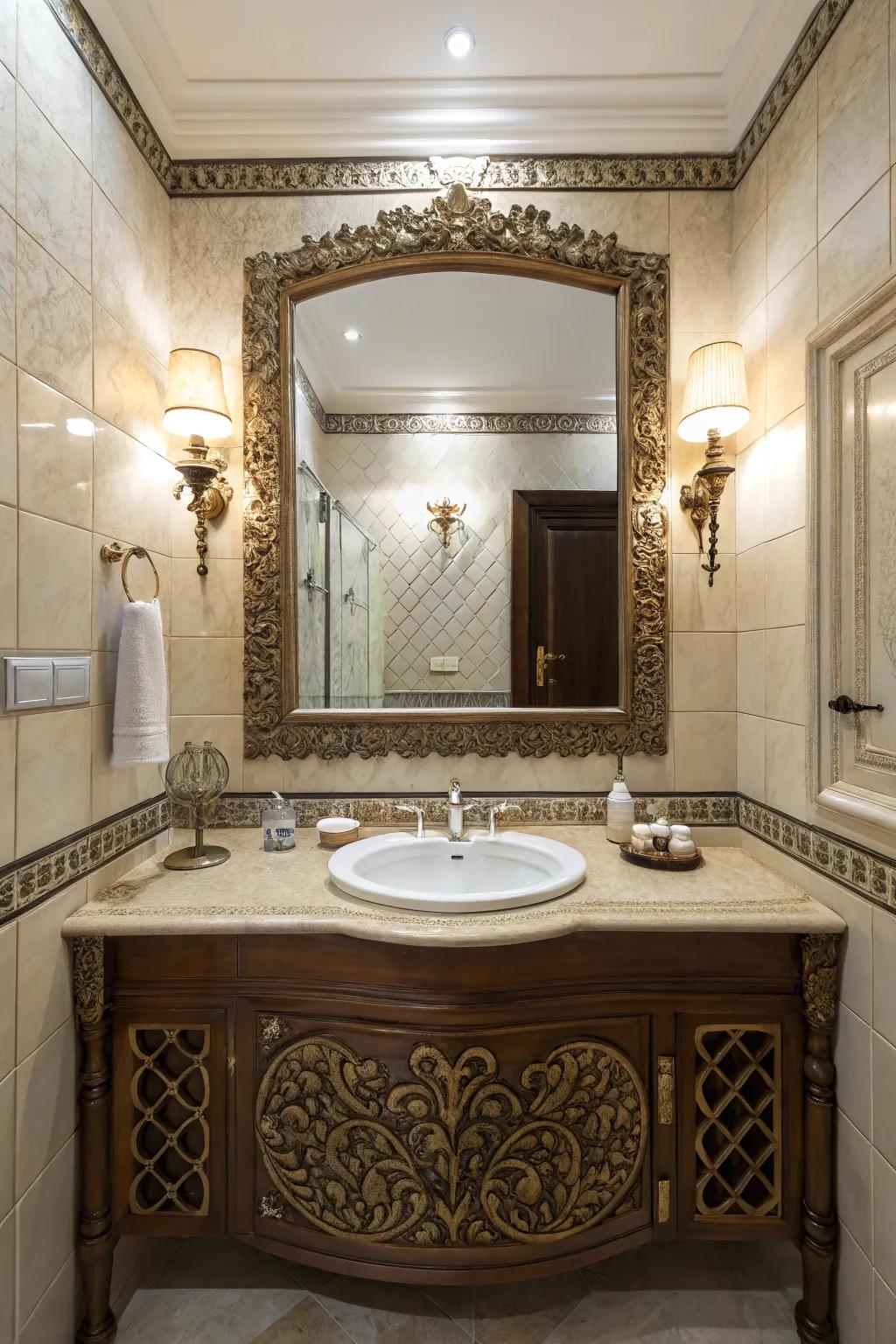 A bathroom showcasing an oversized ornate mirror that adds character and depth.