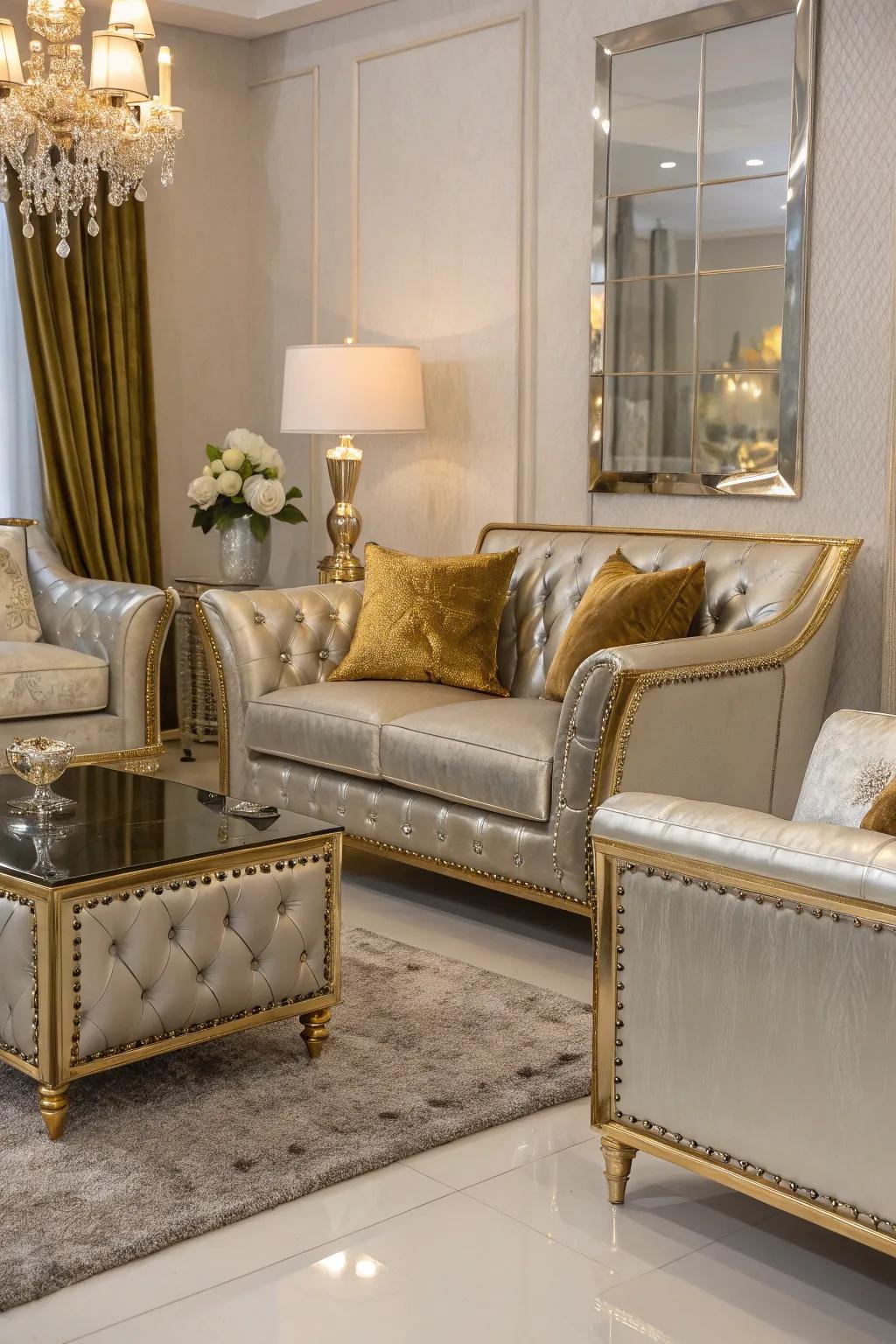 Metallic upholstered seating lends a touch of luxury to this contemporary living room.