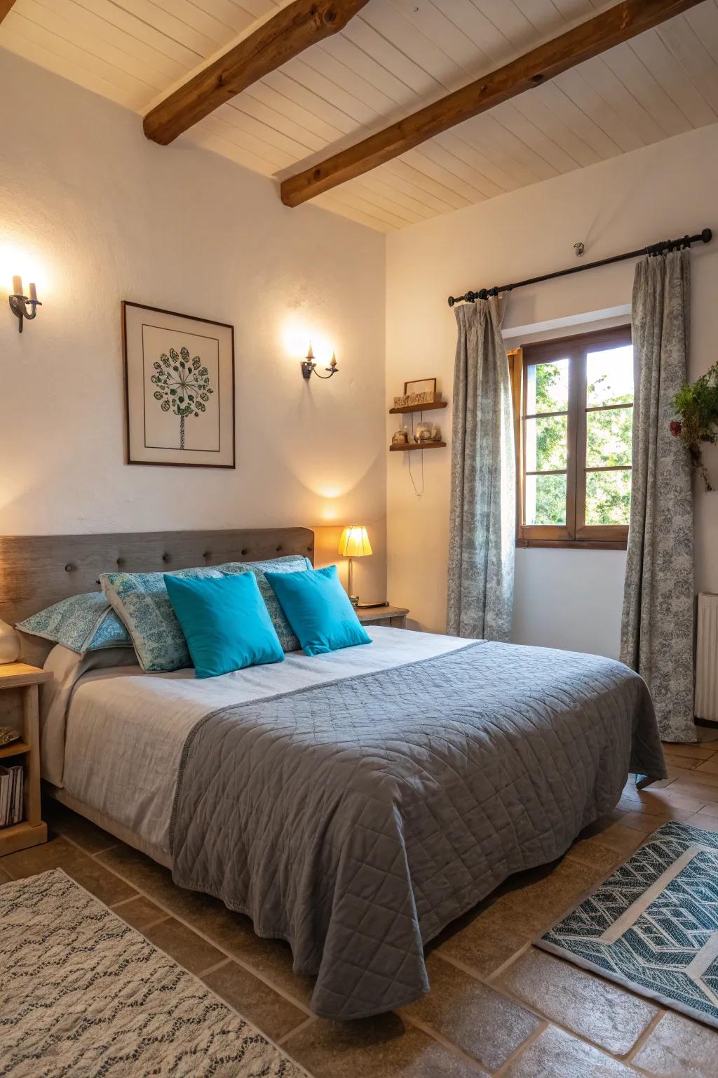 Inject a burst of color into your bedroom with vibrant blue cushions against grey bed linens.