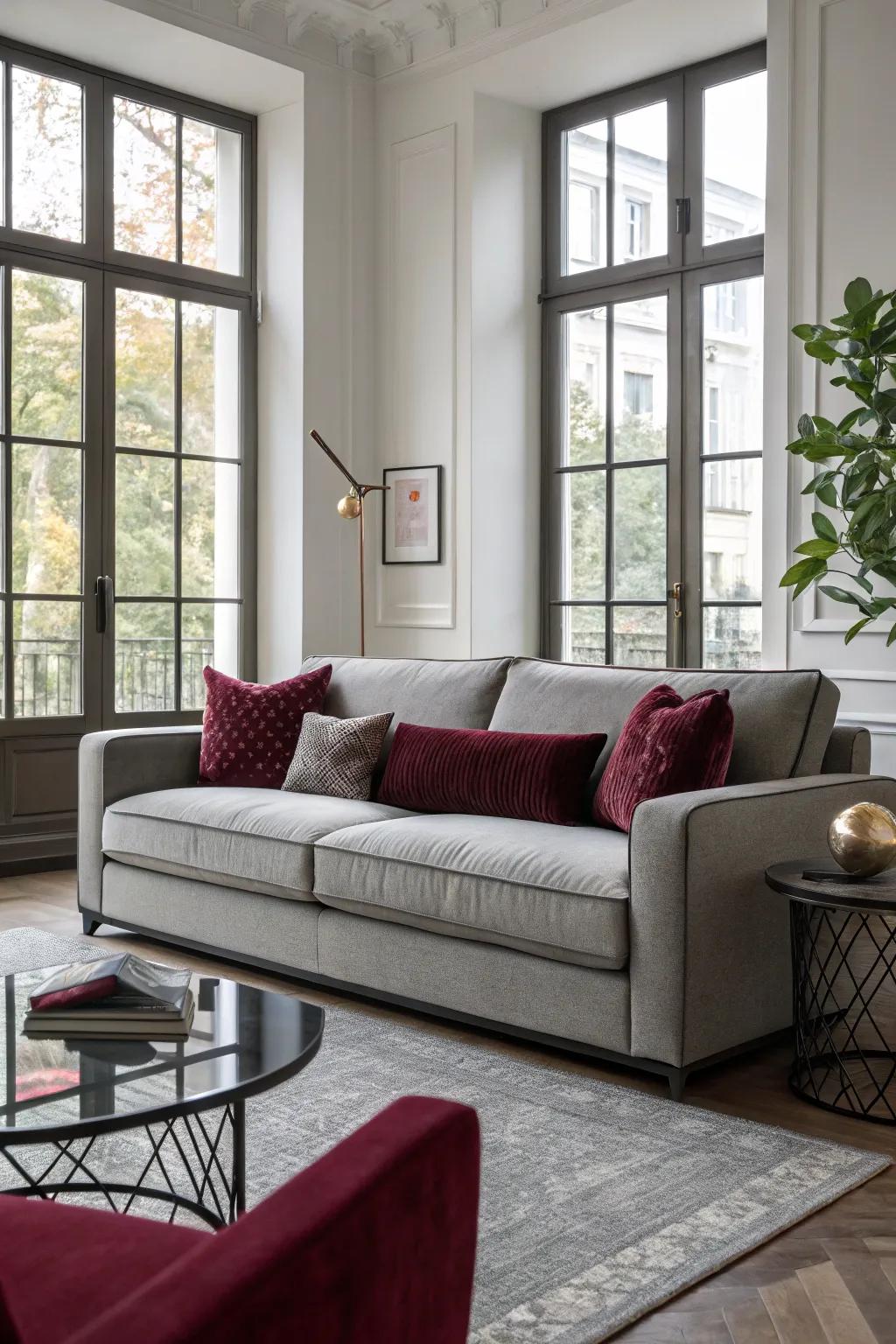 Modern grey sofa with burgundy cushions in a stylish living room.