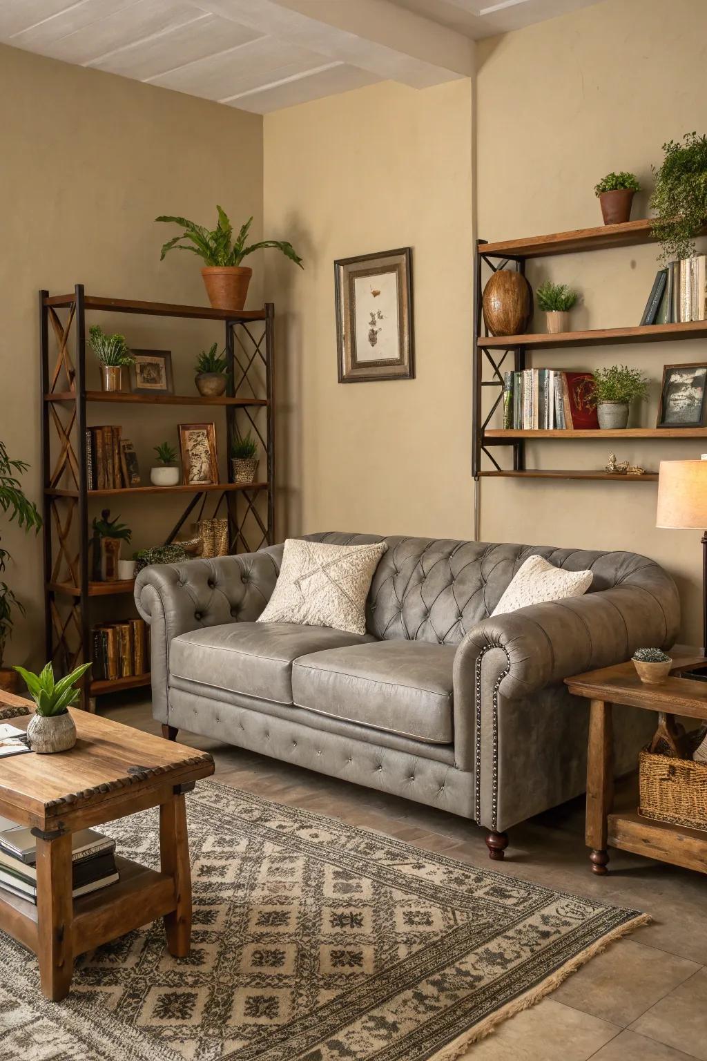 A tranquil living area featuring a charcoal hide couch and earthy color highlights.