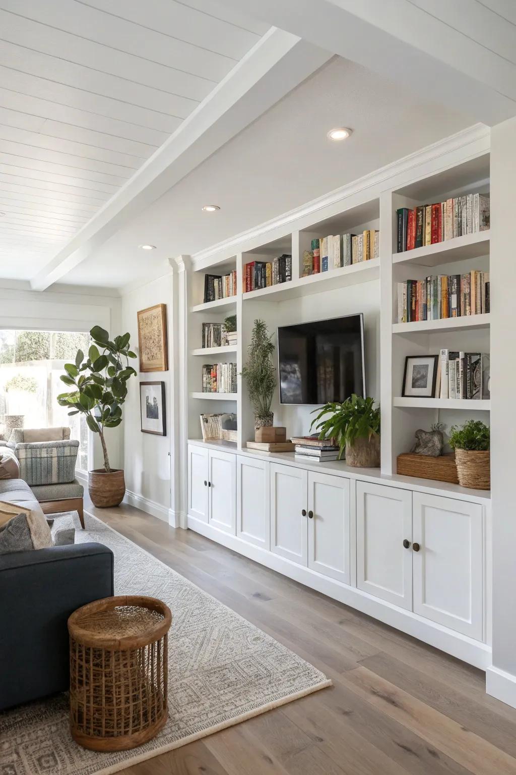 A half wall complete with built-in shelving delivers fashionable storage solutions.