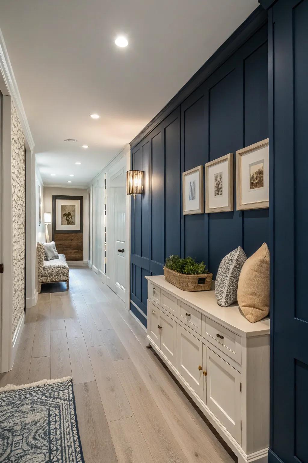 A striking navy focal wall provides depth and intrigue.