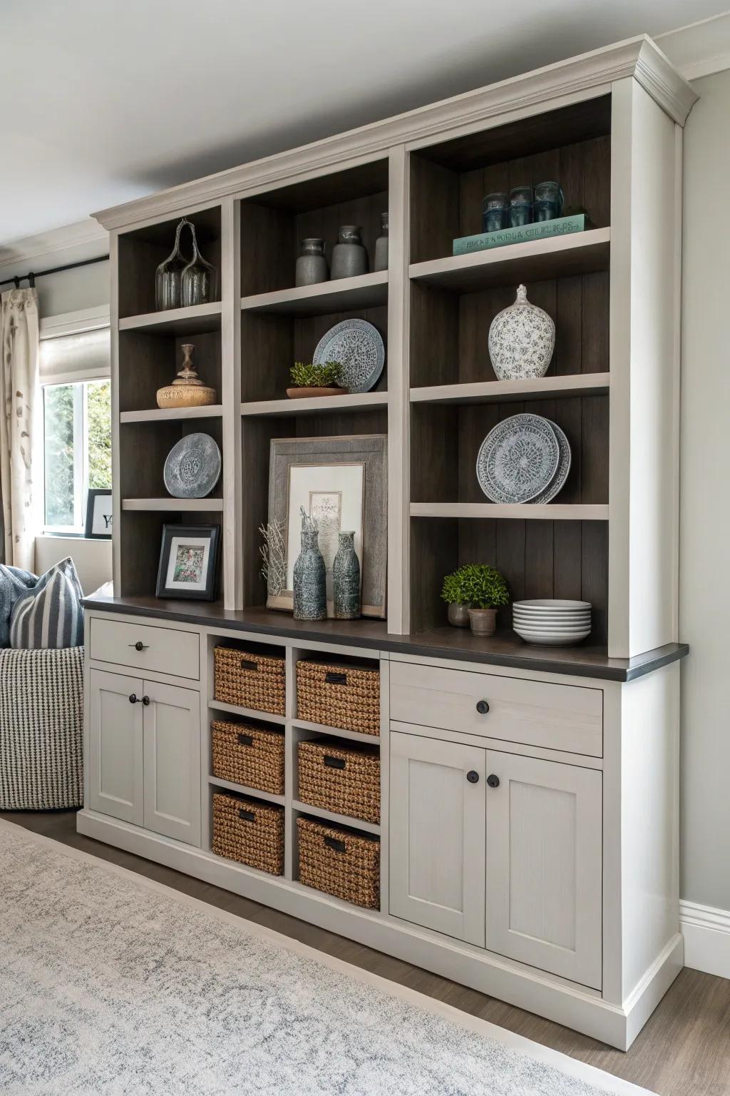 A seamless combination of visible and concealed storage for a tidy, structured appearance.