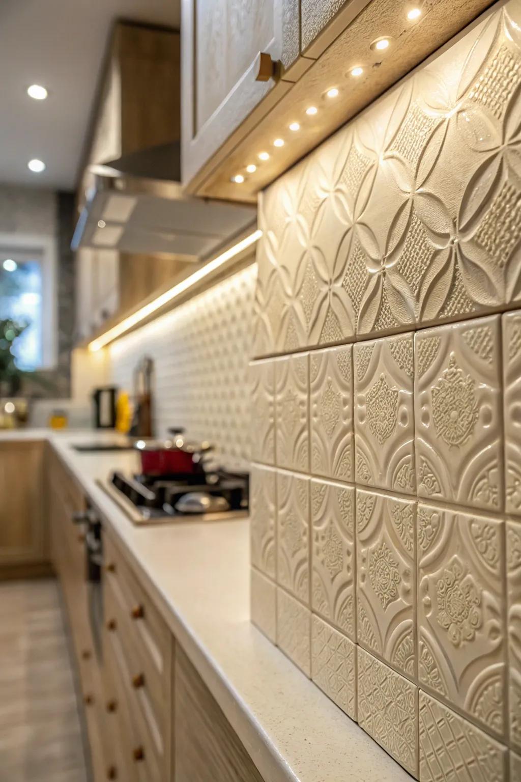 Textured tiles add depth and dimension to your kitchen walls.