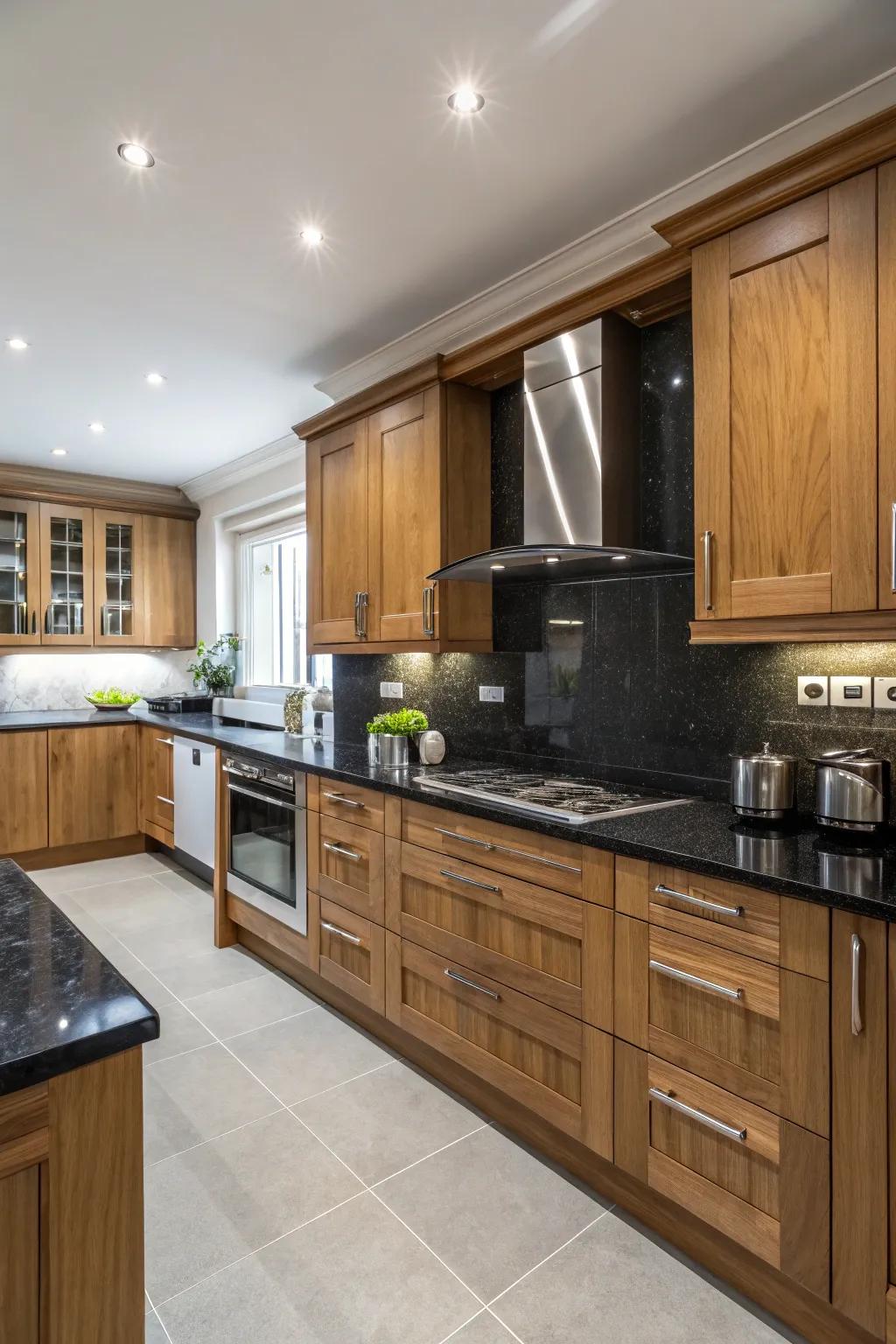 Shadowy surfaces beautifully highlight the warm shades of oak cabinets.