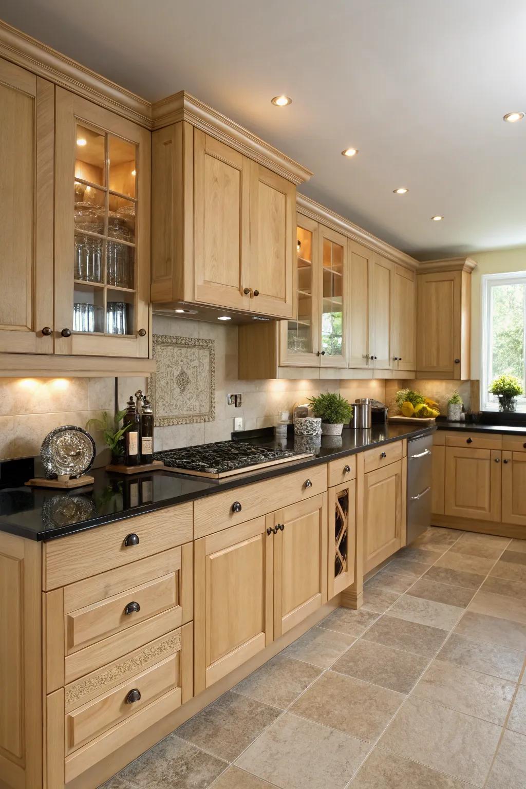 The juxtaposition of rich-toned surfaces with pale walnut cabinets generates a captivating visual effect.