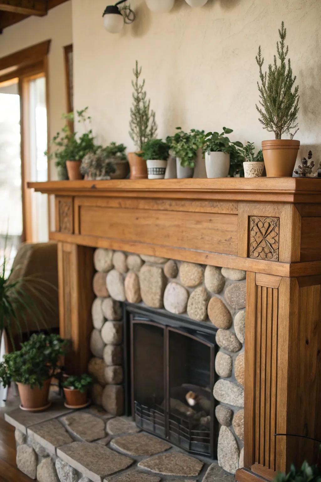 Natural materials such as wood and stone imparting warmth to a modern mantel.