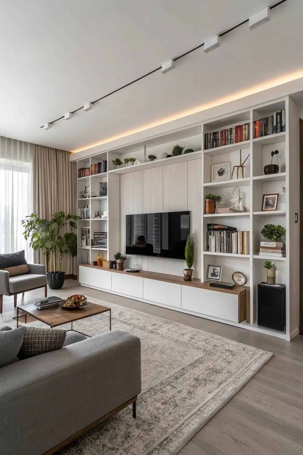 Integrated shelving transforming a media wall into an artistic and functional showcase.