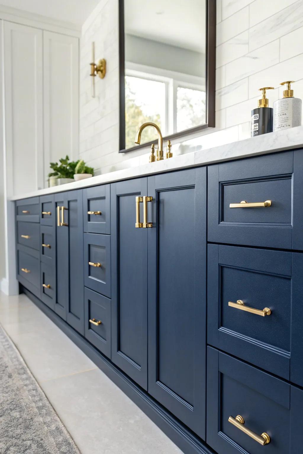 Shiny metal details impart coziness and sophistication to deep sea-inspired cabinetry.