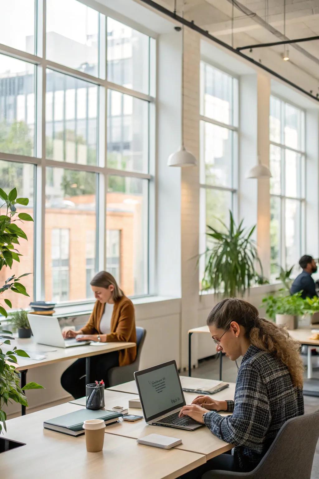 An office setting with expansive windows allowing ample sunlight to flood in.