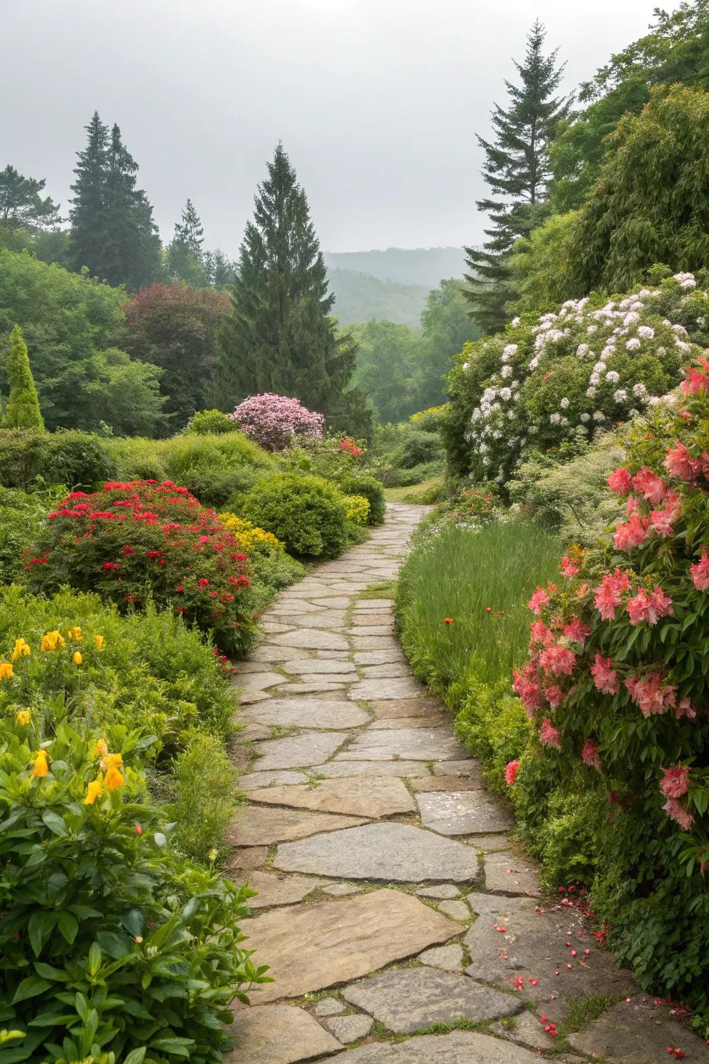 A tranquil garden path constructed from natural stone, seamlessly integrating with the surrounding verdure.