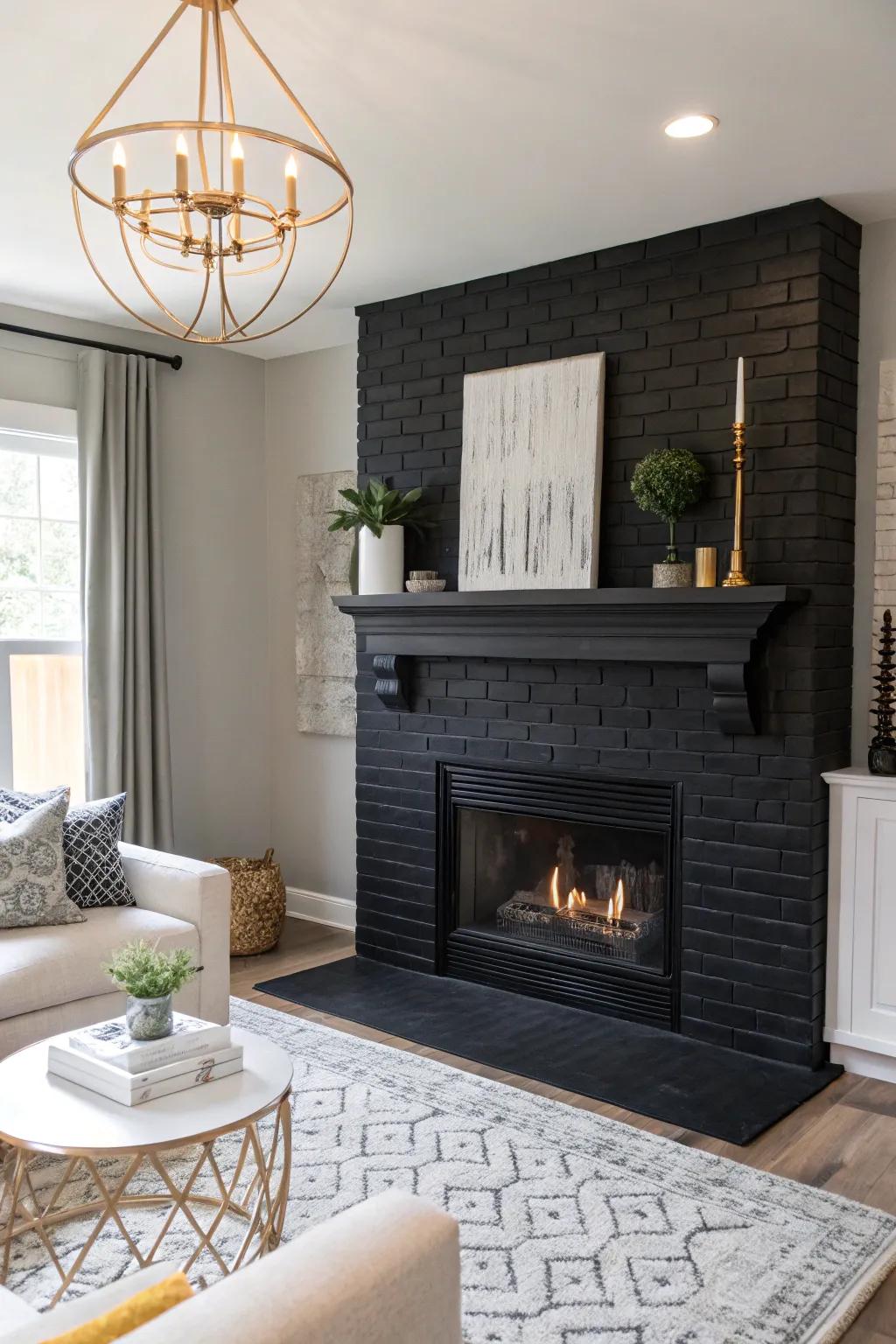 Black painted brick fireplace bringing dramatic flair.
