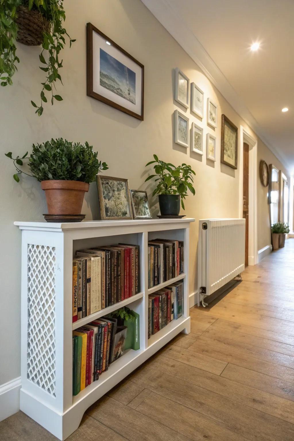 A radiator shield that serves as a functional display space.