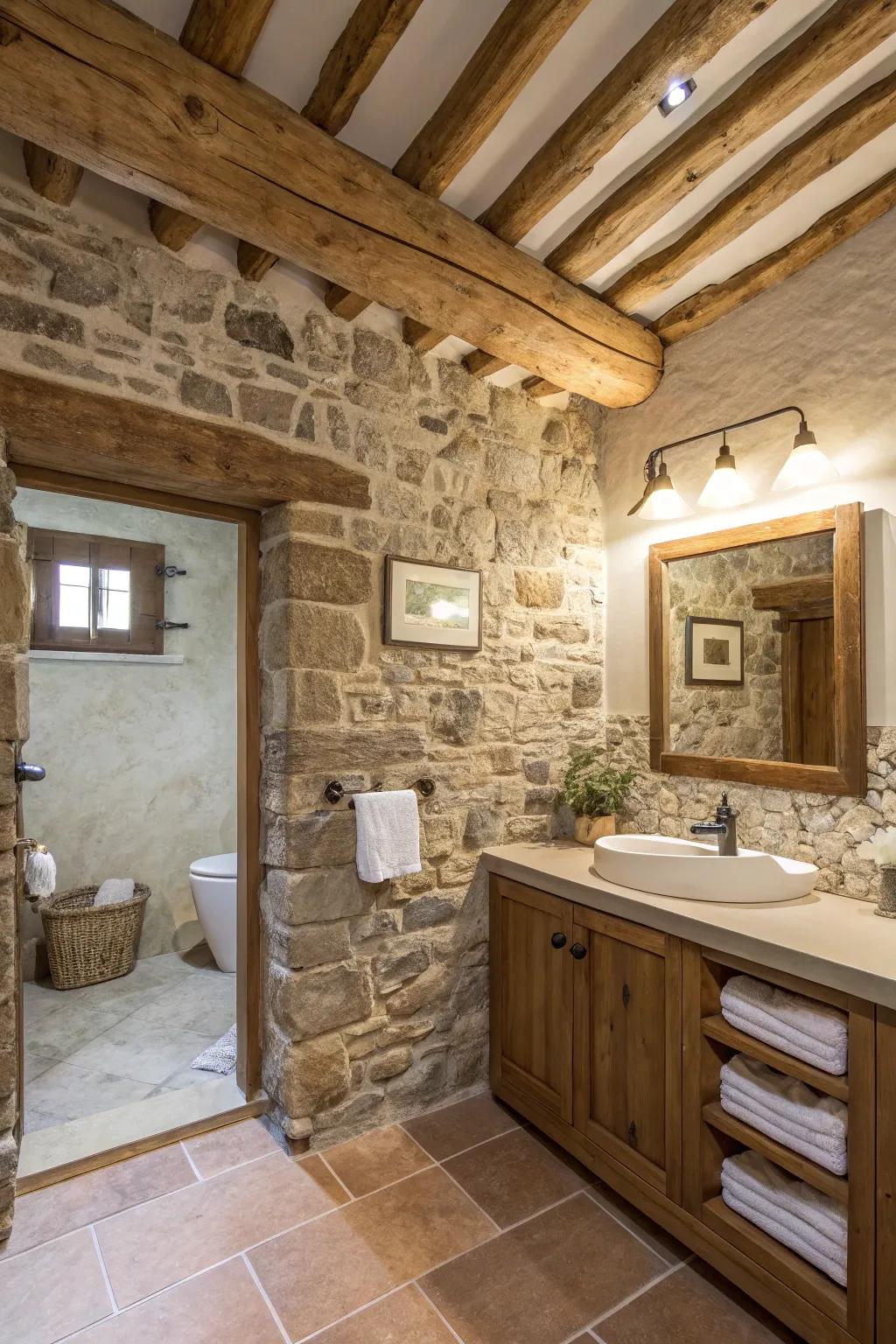 Shale stone feature wall introducing texture and dimension to the rustic aesthetic.