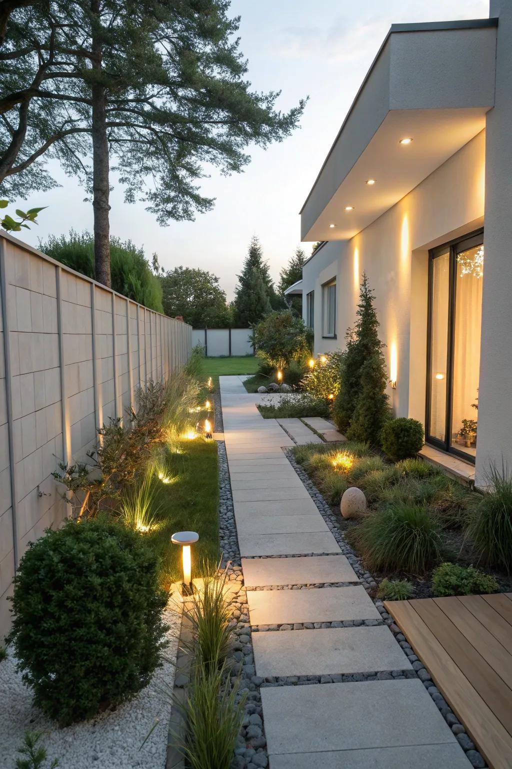 Gentle lighting enhances the atmosphere of your side yard.