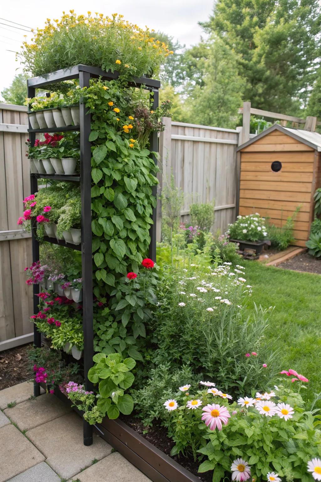 Vertical gardening adds height and greenery to small spaces.