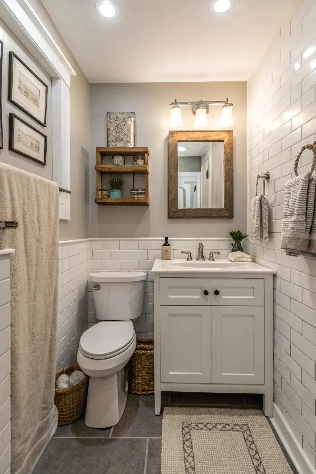 A small bathroom with a soothing, neutral color scheme.