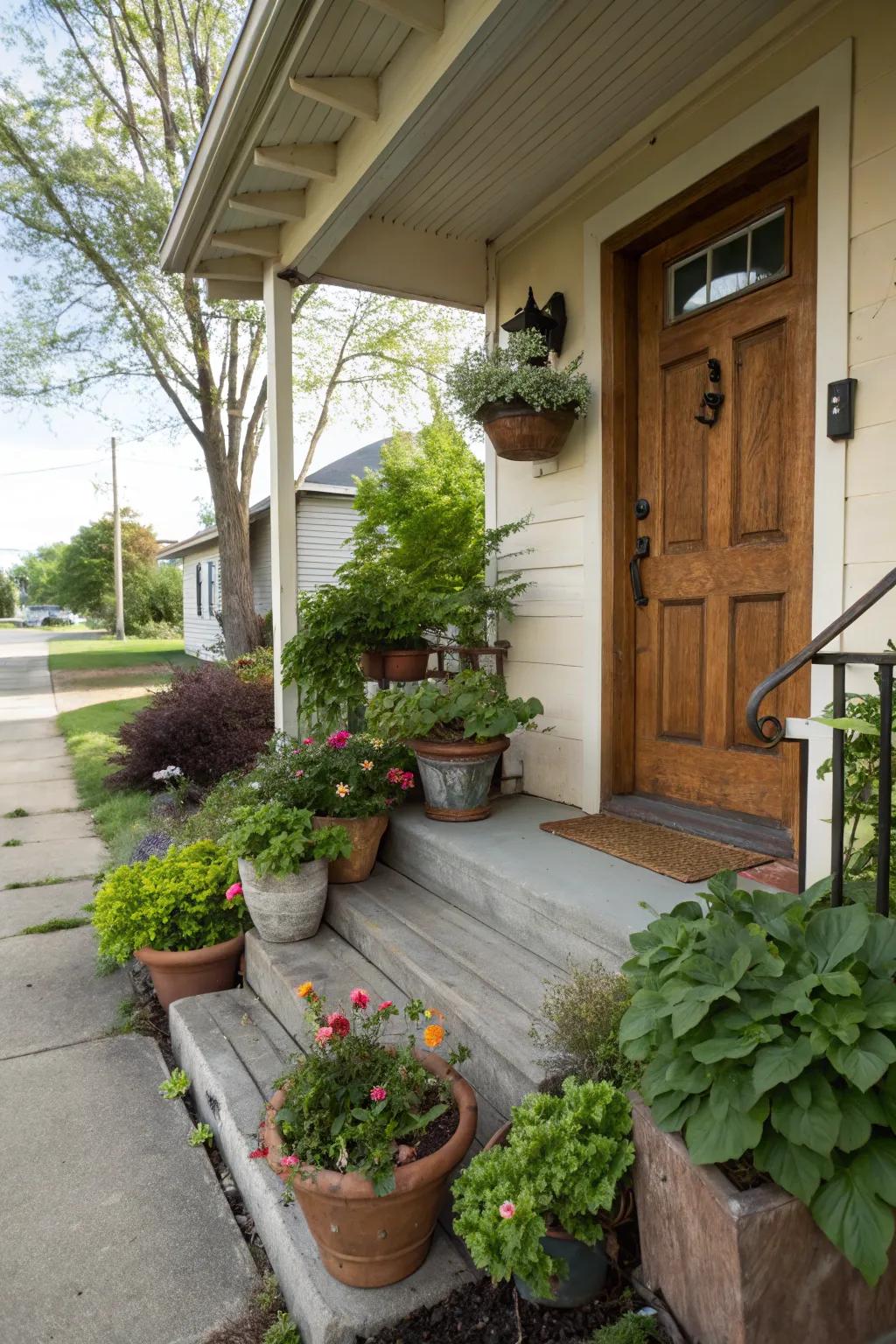 A compact front porch enhanced with diverse potted greenery for a natural atmosphere.